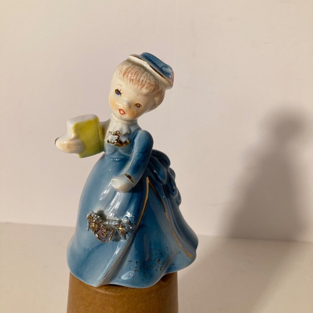 Vintage Handpainted Pacific Japan Porcelain Girl Holding Book Blue Hat Flowers 3